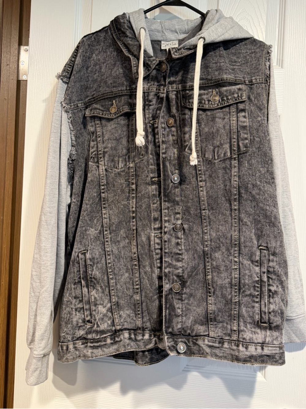 Sew In Love Two-Tone Hooded Jean Jacket in Black and Gray
